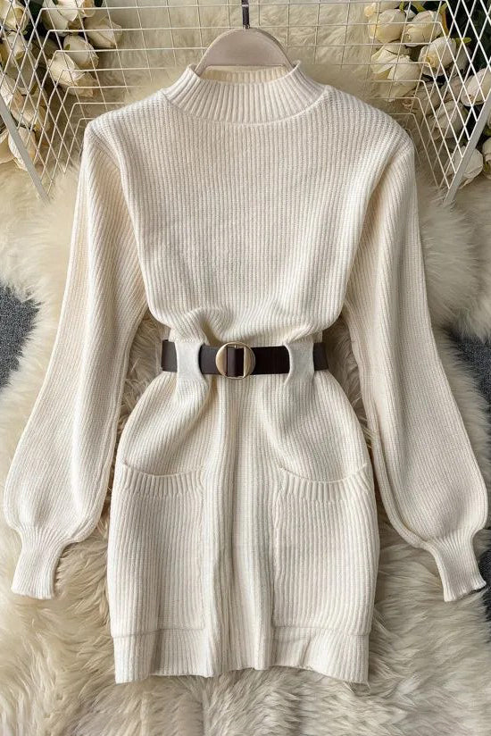 Sash Bandage Dress Elegant Puff Sleeve Knitted Short Dress