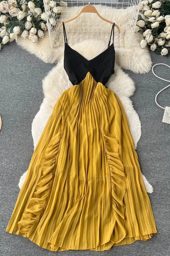 Color Patchwork Pleated Dress Ruffles Straps Long Dress