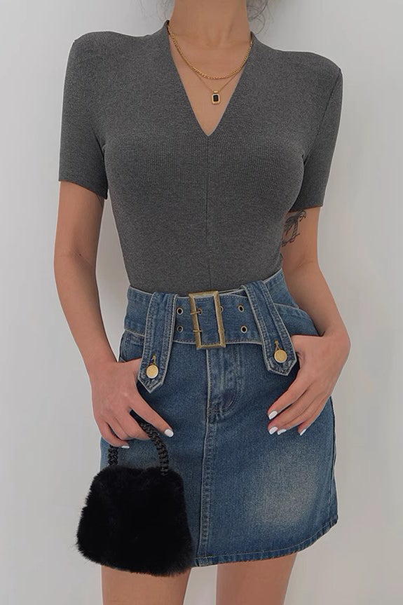 High Elasticity V-Neck Short Sleeved Top