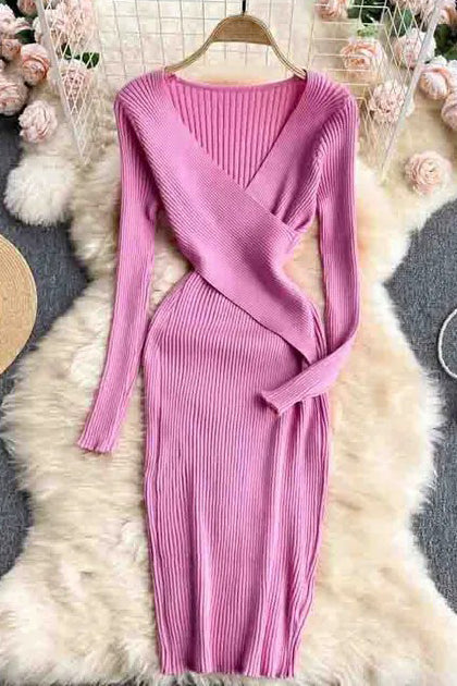 Lady Elegant V-neck Cross Slim Waist Dress Long Sleeve Knitted Sweater Dress