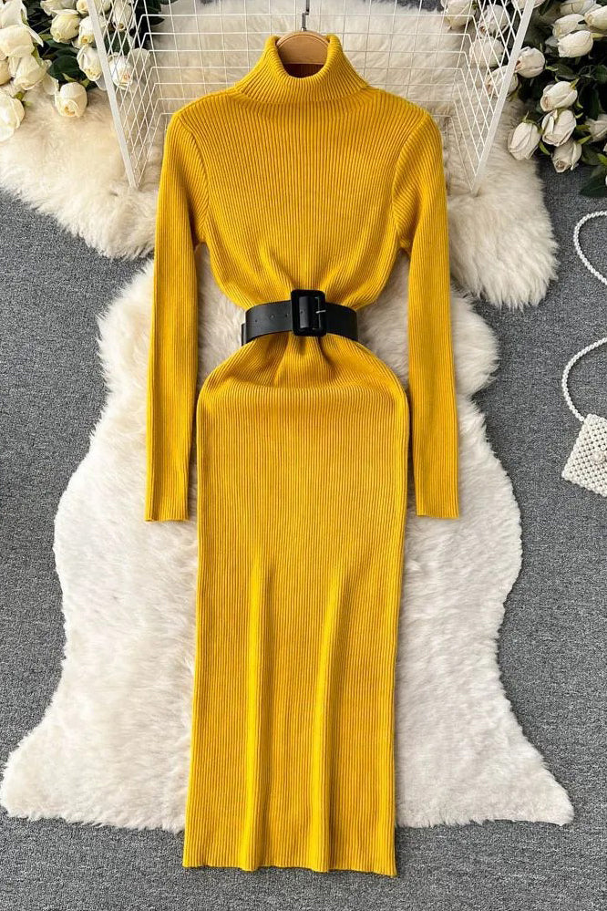 Knitted Elegant Turtleneck Long Sweater Dress with Belt Lady Package Hips Bodycon Dress