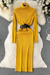 Knitted Elegant Turtleneck Long Sweater Dress with Belt Lady Package Hips Bodycon Dress