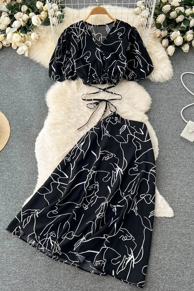 Floral Print Bandage Crop Tops + A-line Knee-length Skirts Two Piece Suits