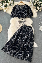 Floral Print Bandage Crop Tops + A-line Knee-length Skirts Two Piece Suits
