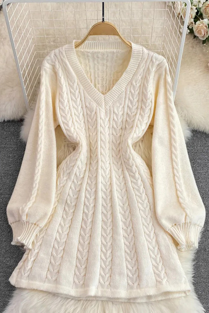 Knitted Dress Elegant Puff Sleeve A-line Short Dress