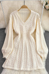 Knitted Dress Elegant Puff Sleeve A-line Short Dress
