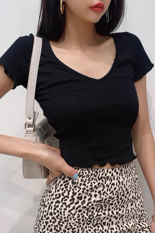 High Waist Top Elastic Tight V-Neck Short Sleeve T-Shirt