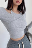Cross Wrapped Chest Long Sleeve T-Shirt Hanging Neck Fake Two Piece Top