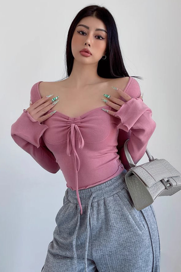 V-Neck Pleated Drawstring Long Sleeved T-Shirt with Flared Sleeves