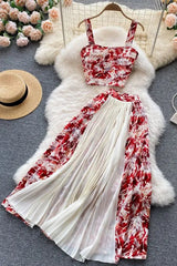 Floral Print Pleated Long Skirts + Straps Short Tops Vacation Two Piece Suits