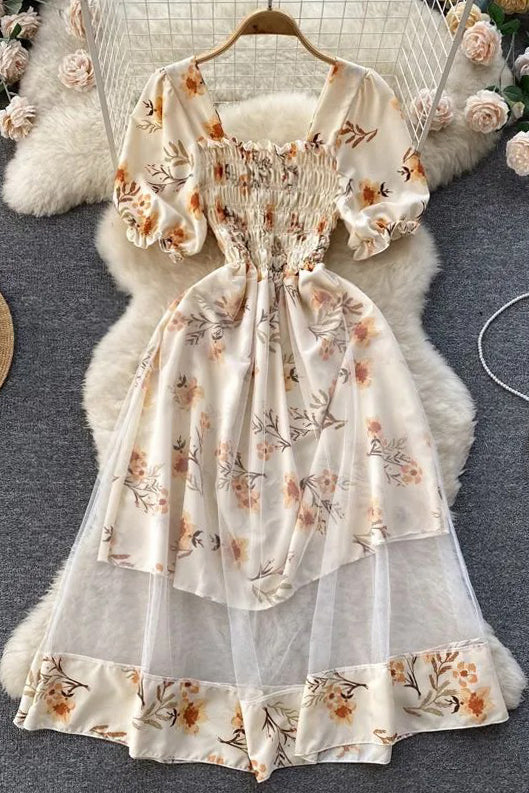 Dress Romantic Floral Print Mesh Patchwork Fake Two Piece Set