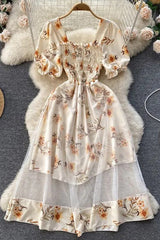 Dress Romantic Floral Print Mesh Patchwork Fake Two Piece Set