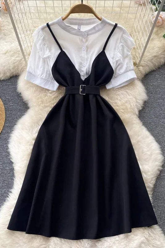 Shirt Dress Fake Two Piece Set Streetwear Midi Long Dress with Belt