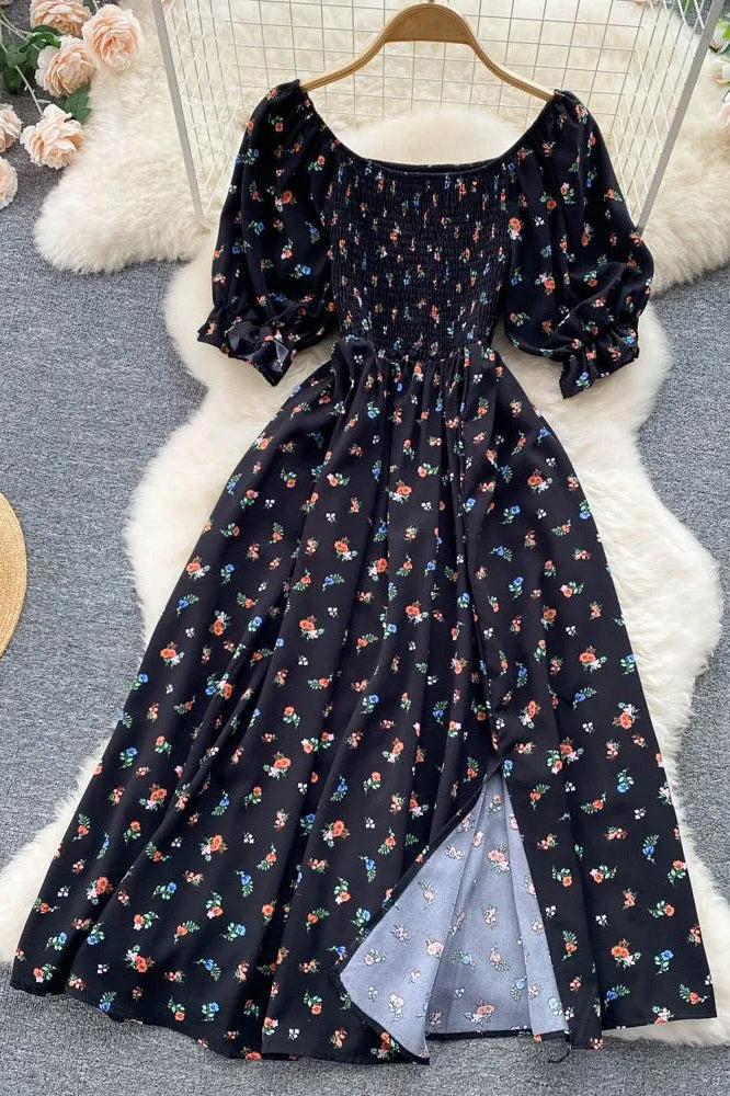 Dress Romantic Floral Print Split Long Dress