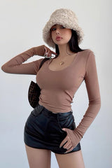 Round Neck Tight T-Shirt Low Cut Slim Fit Long Sleeve Top