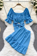 Bow Bandage Crop Tops + Elastic High Waist A-line Mini Skirts Two Piece Suis