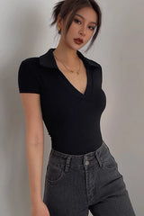 Deep V-Lapel Short Sleeved Low Cut Top