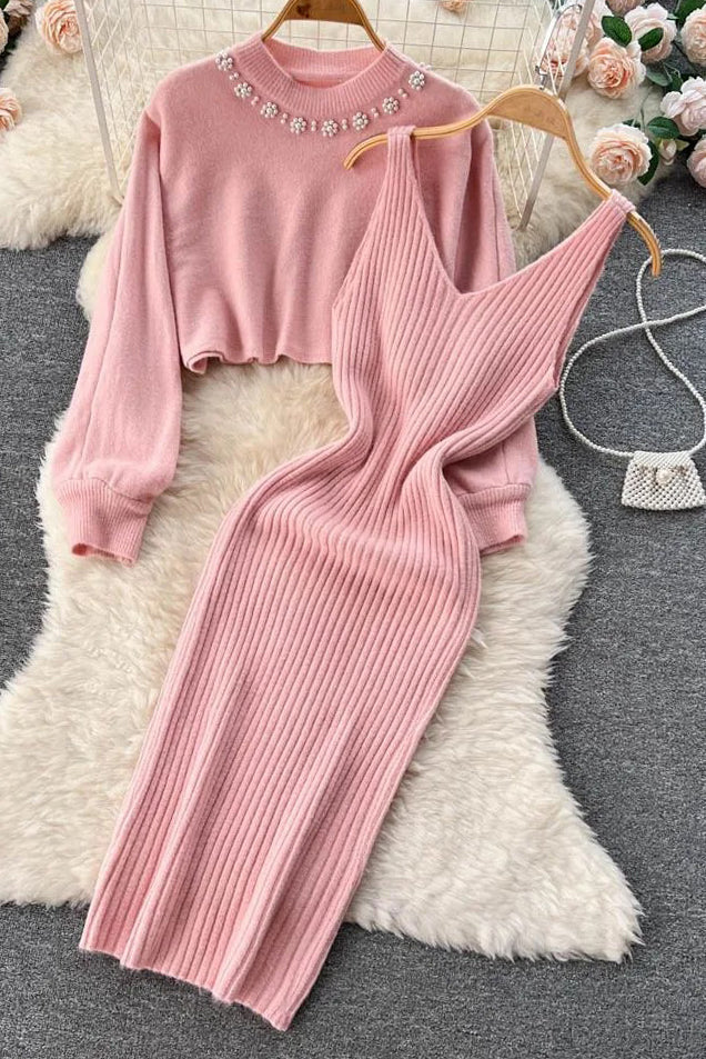 Elegant Pearl O-neck Knitted Sweaters + Strap Dress Two Piece Suits