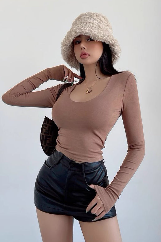 Round Neck Tight T-Shirt Low Cut Slim Fit Long Sleeve Top