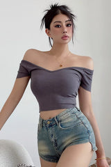 Off Shoulder Stretch T-Shirt Large V-Neck Top