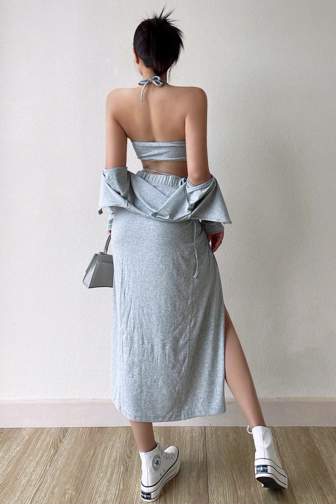 Open Umbilical Back Hanging Neck Tank Top Split Half Skirt Sunscreen Long Sleeve Cardigan Three Piece Set
