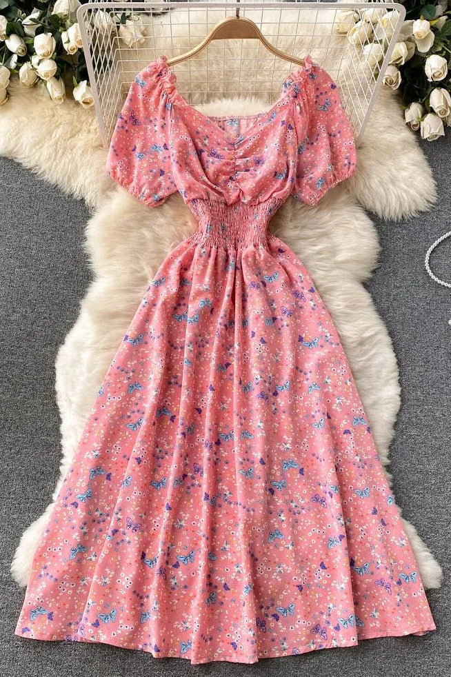 Dress V-Neck Puff Sleeve Floral Print Elastic Corset Dress
