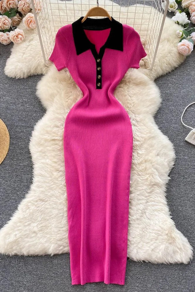 Dress Short Sleeve Slim Knitted Sweater Dress Casual Polo Buttons Long Dress