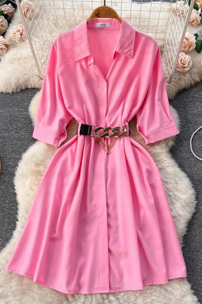 Elegant Dress Vintage Turn-down Collar Casual A-line Shirt Dress