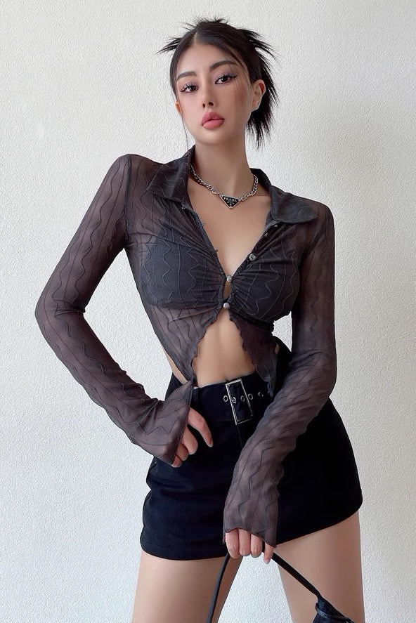 High Waist Hollow Out Perspective Lace Shirt