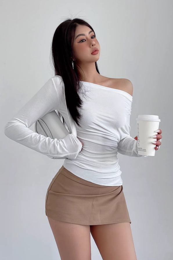 Oblique Shoulder Long Sleeve T-Shirt Pleated Waist Top