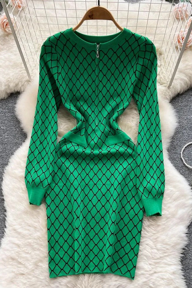 Geometric Knitted Vestidos Casual Zipper O-neck Short Dress