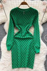 Geometric Knitted Vestidos Casual Zipper O-neck Short Dress