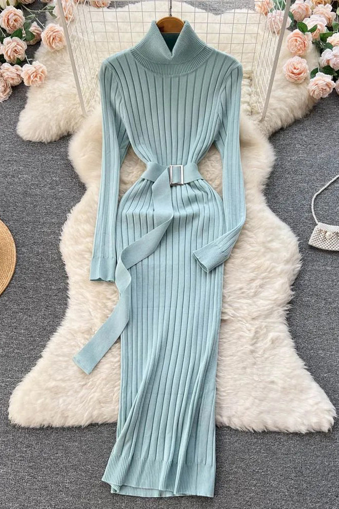Dress Elegant Turtleneck Knitted Sweater Dress with Belt Lady Wrap Hips Bodycon