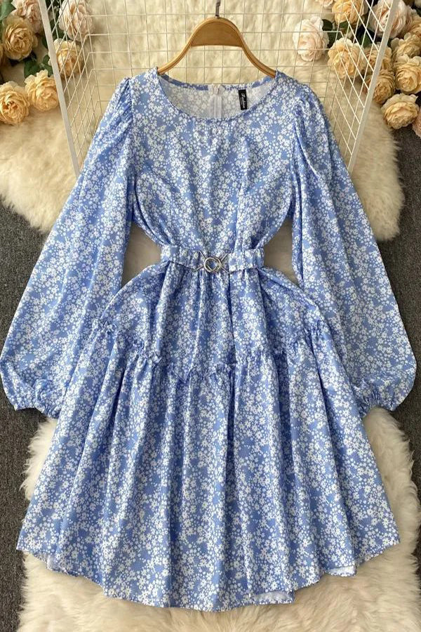 Elegant Lantern Sleeve Print Floral Casual A-line Dress With Belt
