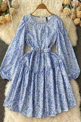 Elegant Lantern Sleeve Print Floral Casual A-line Dress With Belt