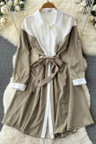 Belt Patchwork Long Sleeve Dress All Match Blouse Shirt Dress