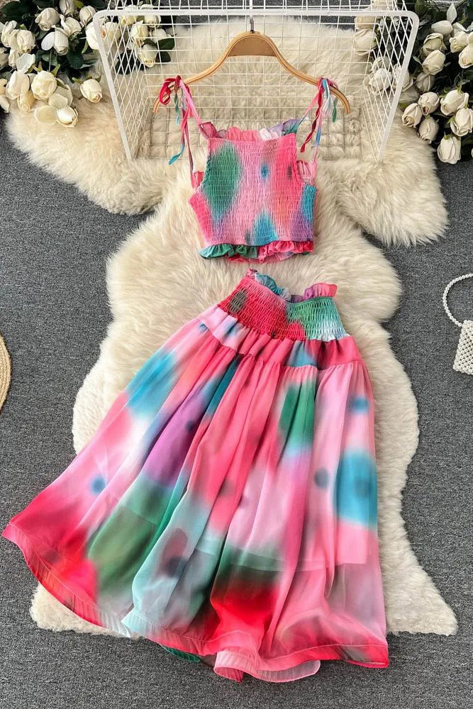 Tie Dye Print Short Strap Cami Tops + High Waist Skirts Beach Two Piece Suits