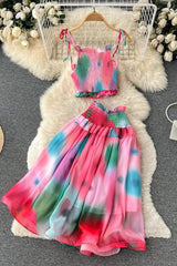 Tie Dye Print Short Strap Cami Tops + High Waist Skirts Beach Two Piece Suits