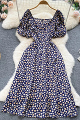 Dress Ruffled Puff Sleeve Slim Lace Up Floral Print Long Dress