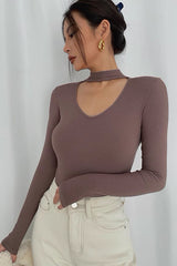 Hanging Neck Long Sleeve Underlay Elastic Top