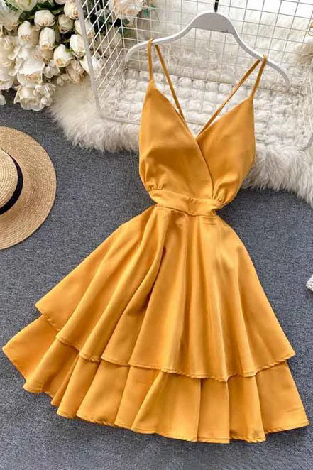 Backless Bow Bandage Beach Dress V-neck Strap Double Ruffles Short Dress