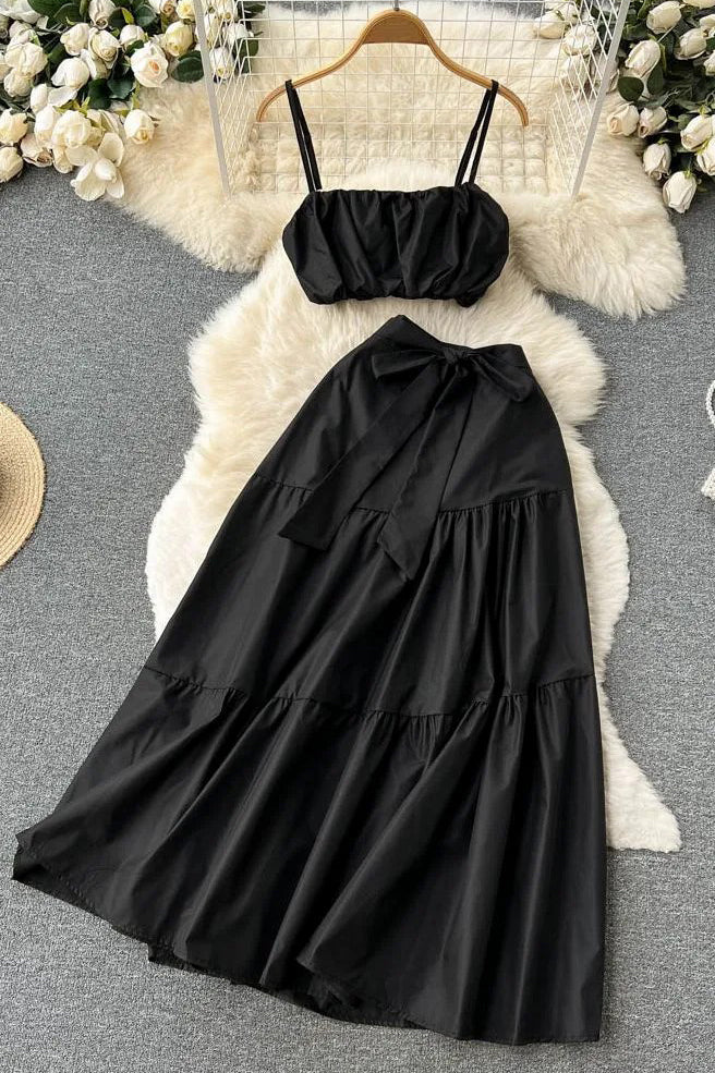Camis Tops + High Waist Lace-up Long Skirts Beach Two Piece Suits