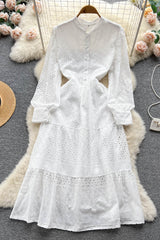 Embroidery Dress Lantern Sleeve Slim Hollow Out Ladies A Line Long Dress