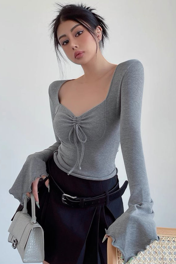V-Neck Pleated Drawstring Long Sleeved T-Shirt with Flared Sleeves