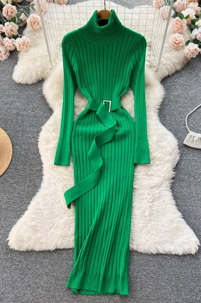 Dress Elegant Turtleneck Knitted Sweater Dress with Belt Lady Wrap Hips Bodycon