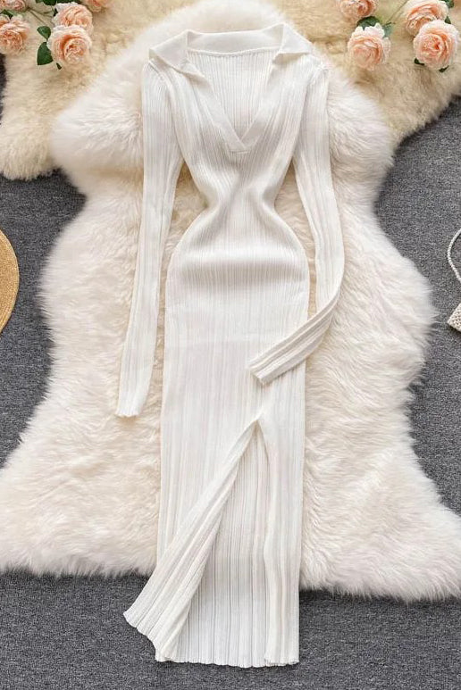 Split Fancy Dress Slim Elastic Wrap Hips Knitted Dress