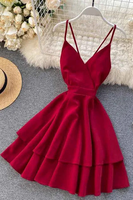 Backless Bow Bandage Beach Dress V-neck Strap Double Ruffles Short Dress