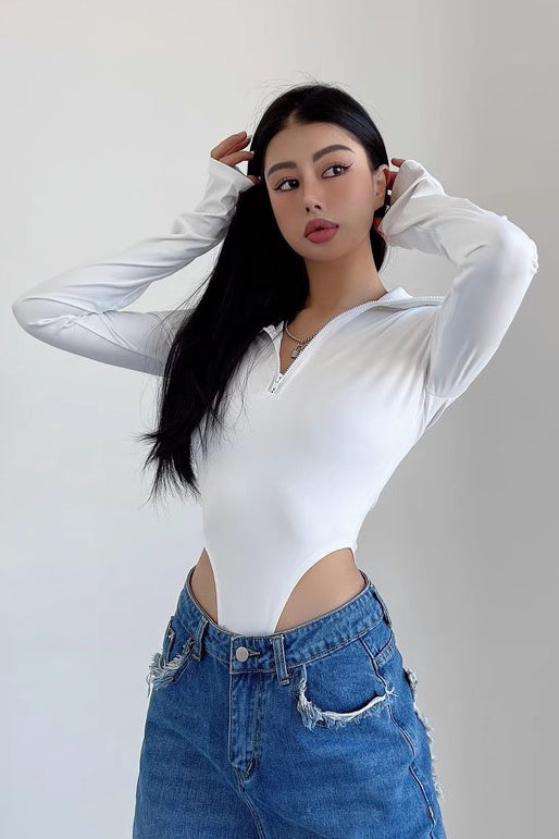 Tight Half Zippered Lapel Bodysuit