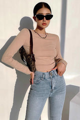 Backless T-Shirt Elastic Tight Slim Round Neck Top