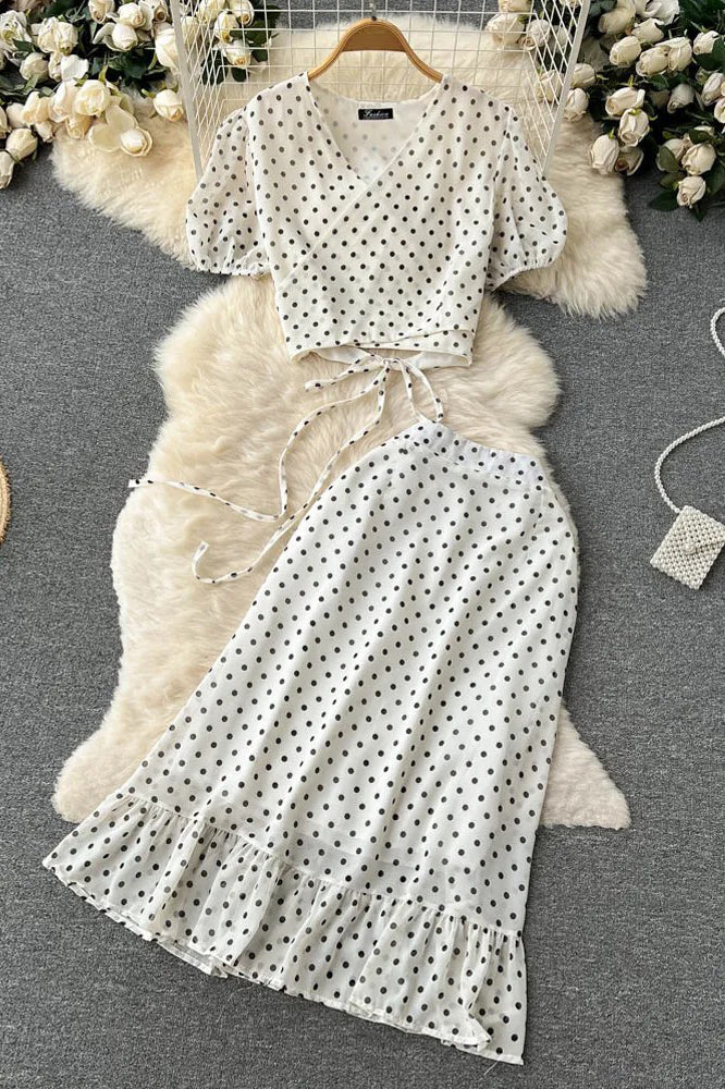 Polka Dot Bandage Crop Tops + High Waist Ruffle Skirts Female Two Piece